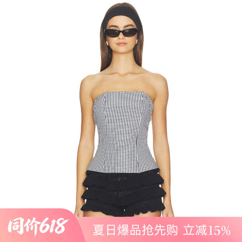 [夏季新品]REVOLVE黑白背心时尚简约高腰格纹抹胸复古修身上装
