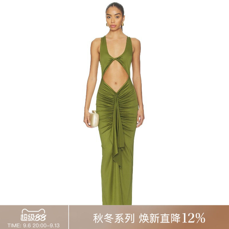 REVOLVE绿色深V镂空绑带褶皱性感修身长裙七夕送礼