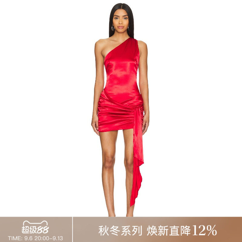 REVOLVE红色单肩不对称肩带缎面性感迷你裙七夕送礼