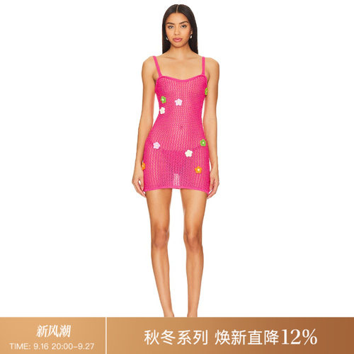 REVOLVE粉色连衣裙简约印花细肩带甜美短款迷你裙
