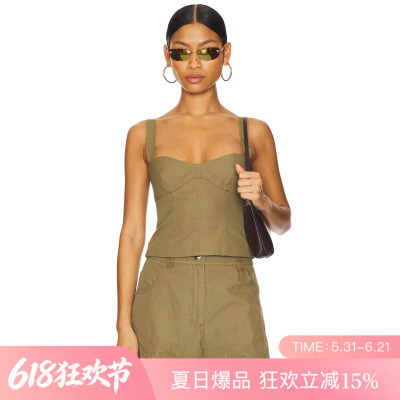 [夏季新品]REVOLVE卡其色无袖短款修身背心胸衣式工装风上装