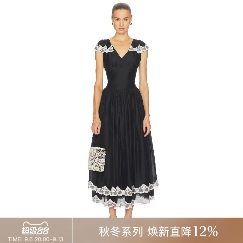 REVOLVE黑色连衣裙V领白色蕾丝拼接简约风长裙七夕送礼