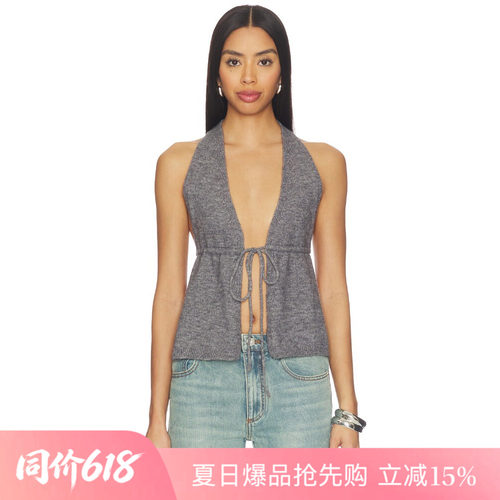 [夏季新品]REVOLVE灰色背心简约挂脖深V绑带性感无袖上装