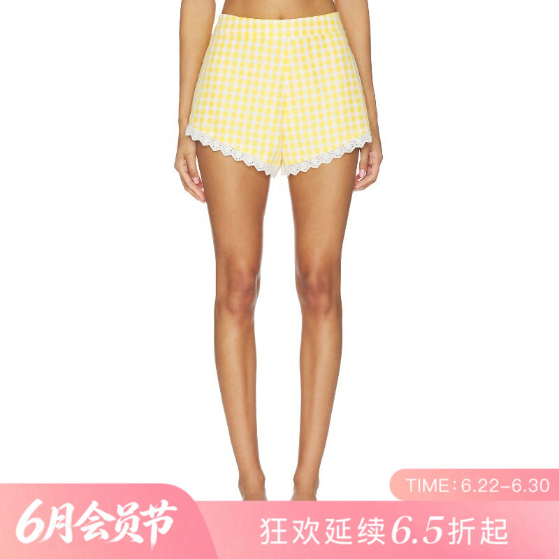 [夏季新品]REVOLVE黄色短裤格纹蕾丝花边甜美高腰短裤