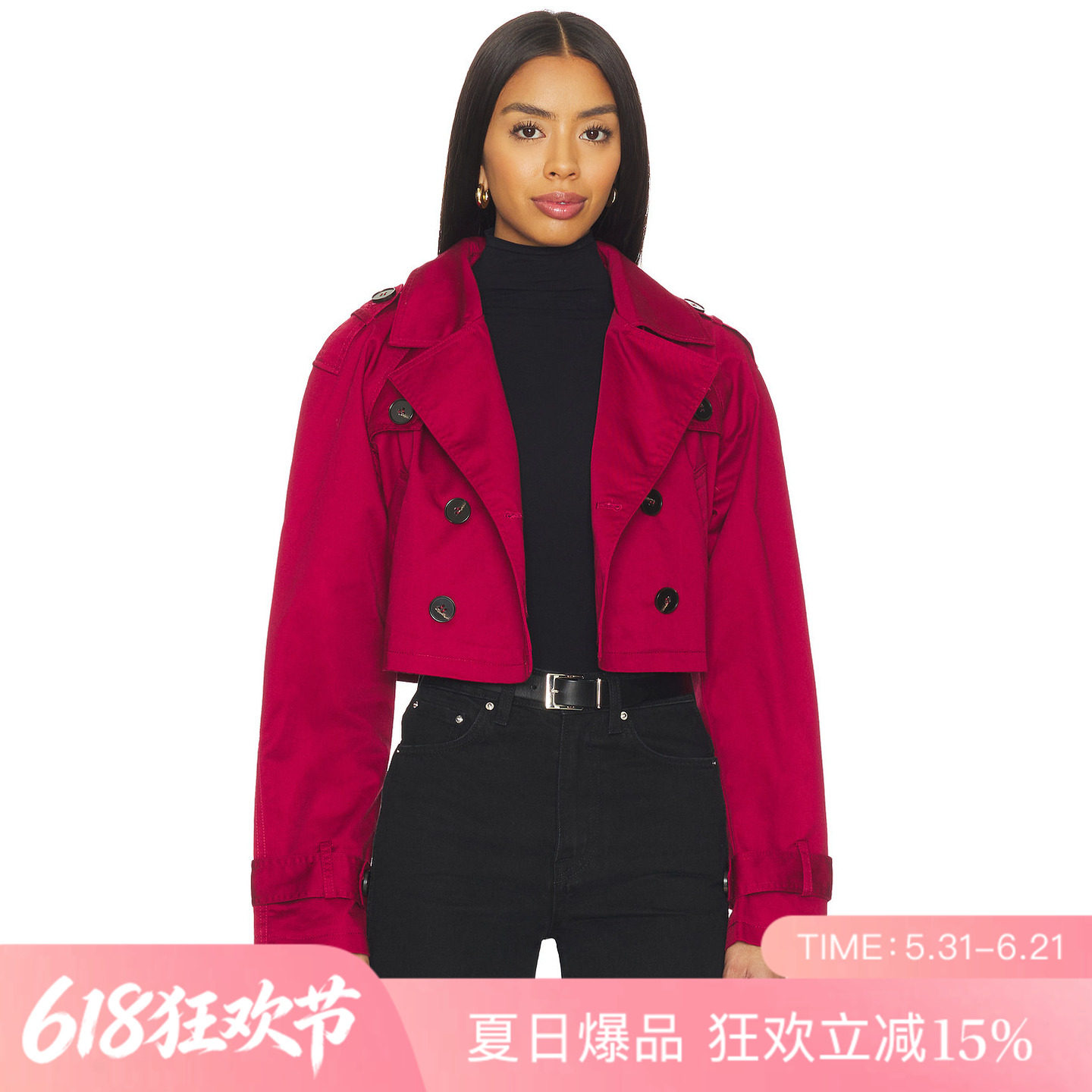 [夏季新品]REVOLVE玫红色风衣时尚简约修身翻领纽扣通勤上装