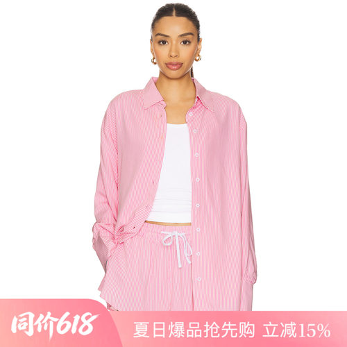 [夏季新品]REVOLVE粉色衬衫时尚简约修身条纹纽扣通勤宽松上装