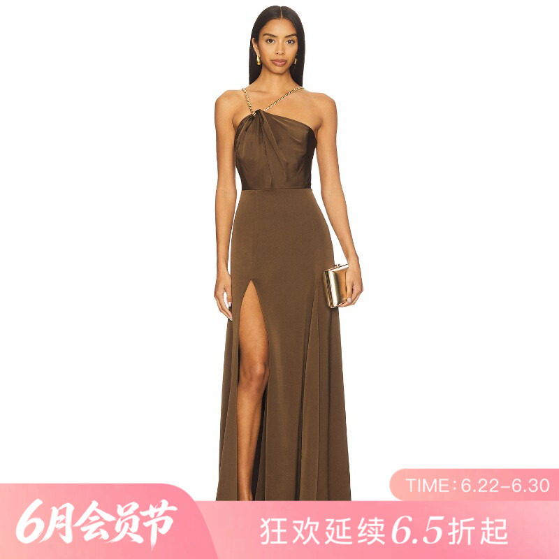 [夏季新品]REVOLVE棕色褶皱百搭显瘦短款单肩优雅连衣裙