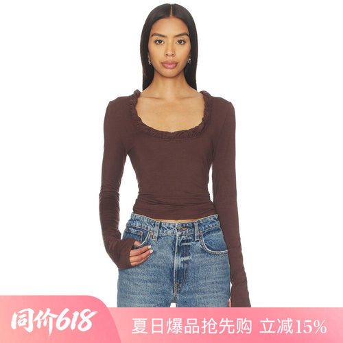[夏季新品]REVOLVE棕色T恤时尚简约修身方领荷叶边通勤上装