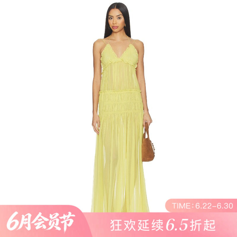 [夏季新品]REVOLVE黄色百搭显瘦短款吊带雪纺度假吊带裙
