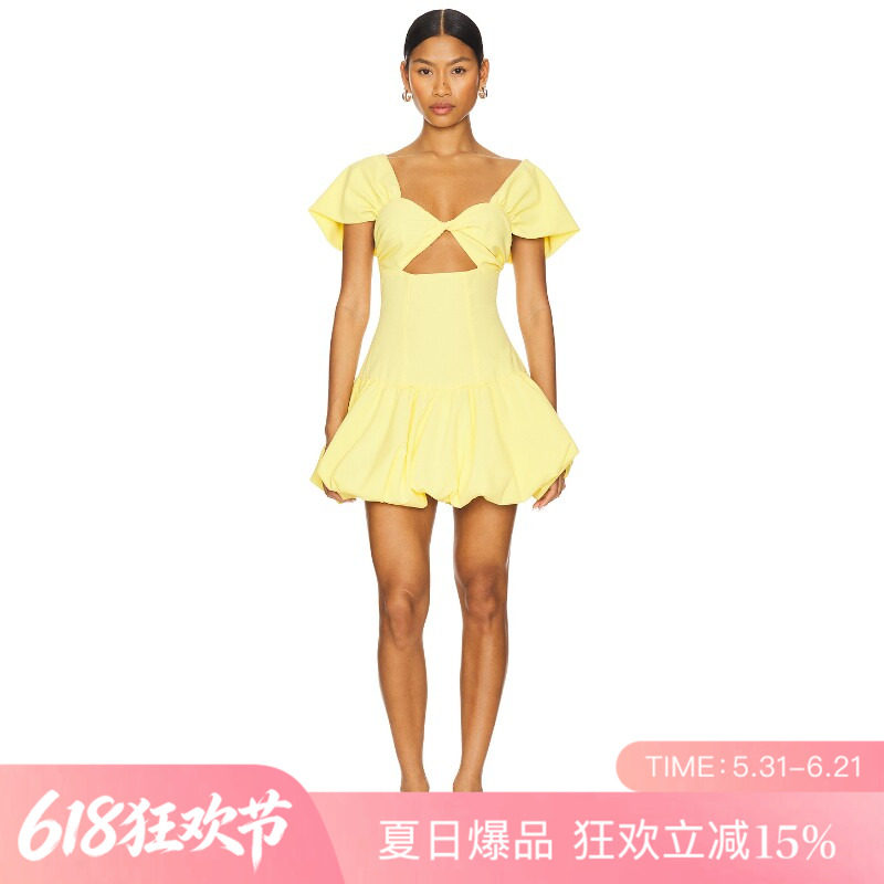 [夏季新品]REVOLVE浅黄蝴蝶结镂空荷叶袖甜美A字迷你裙