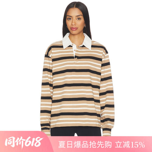 [夏季新品]REVOLVE驼色衬衫简约修身条纹翻领纽扣通勤上装