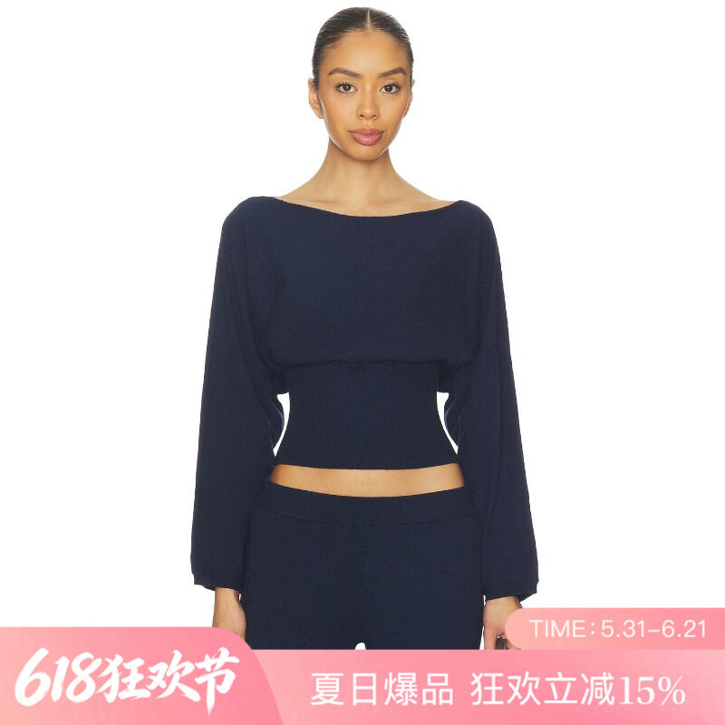 [夏季新品]REVOLVE藏青色毛衣一字领收腰通勤风短款上装