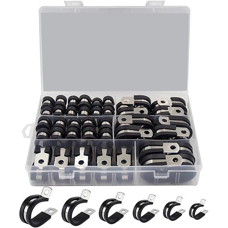 52个盒装304不锈钢连胶条卡箍R型固定管夹 骑马卡 橡胶软管夹套装,工业油品/胶粘/化学/实验室用品,实验室漏斗,淘宝优惠券,粉丝福利购,淘宝优惠卷