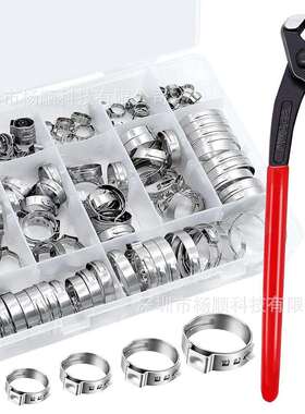 跨境130pcs盒装 304不锈钢单耳无极卡箍5.8-36.1mm组合装配卡箍钳