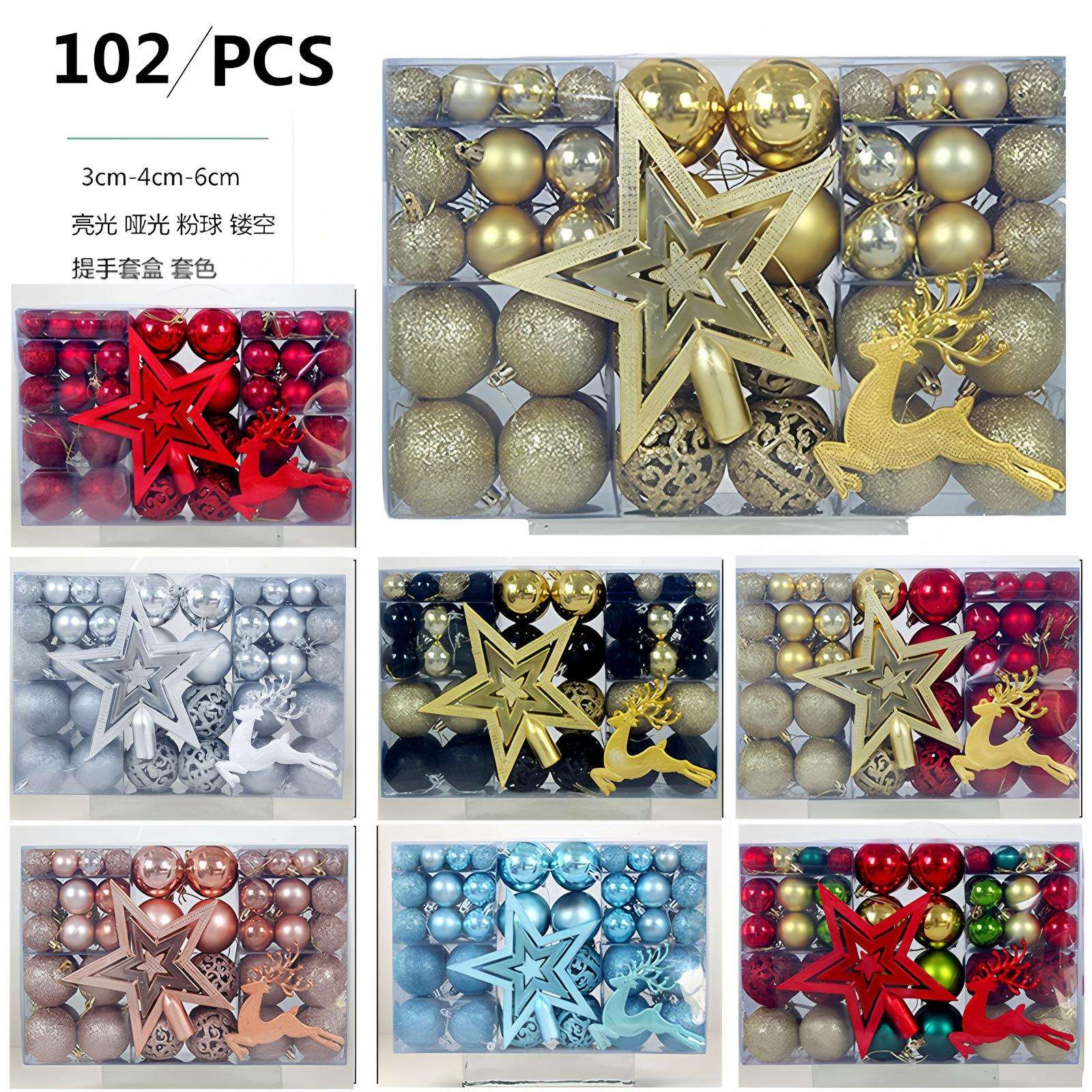 工厂直销现货圣诞球102pcs套装亮光哑光镂空球圣诞节装饰品麋鹿挂