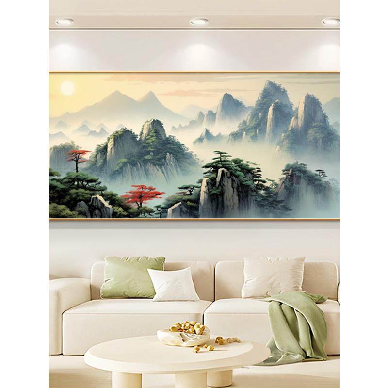 背有靠山客厅装饰画新中式沙发背景墙山水壁画旭日东升寓意好挂画,家居饰品,现代装饰画,淘宝优惠券,粉丝福利购,淘宝优惠卷