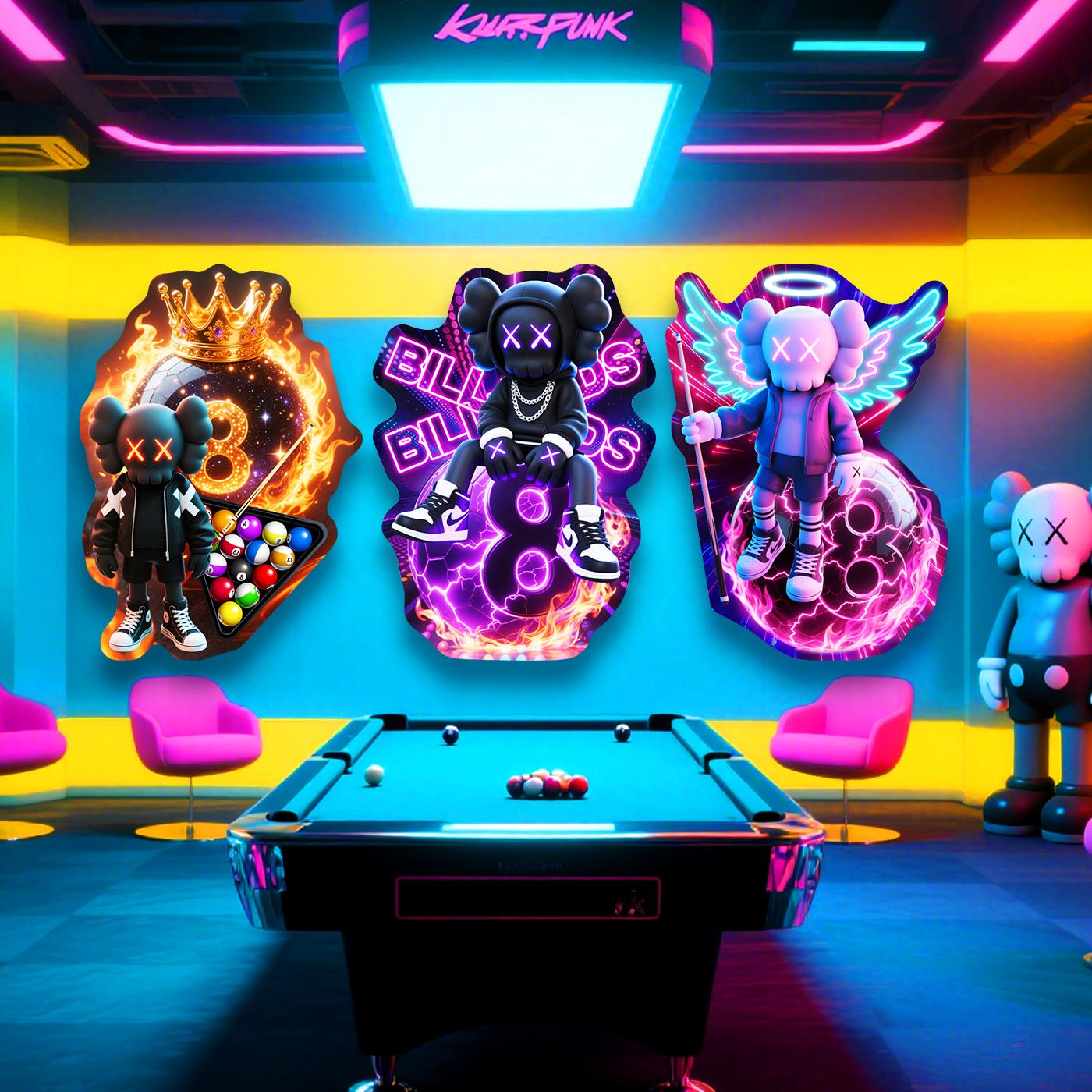 潮流KAWS台球厅亮灯墙壁画桌球室俱乐部挂画酒吧ktv棋牌室装饰画