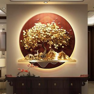 轻奢发财树玄关装饰画流水生财圆形走廊挂画金山茶室入户带灯壁画