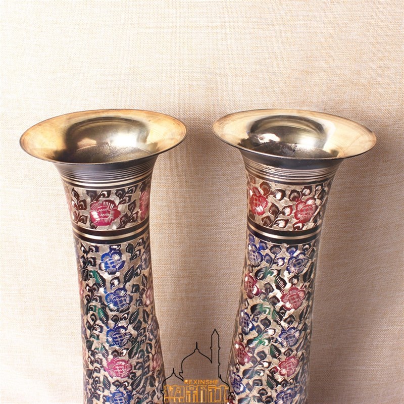 巴基斯坦铜器店庆开业礼品手工雕刻黑G漆彩花瓶摆件新房装饰铜花