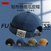 针织瓜皮帽男痞帅地主帽女日系街头复古贴布无檐雅痞反戴贝雷帽潮