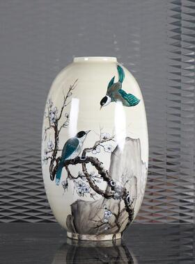 新中式创意手工彩绘山雀鸟陶瓷花瓶摆件样板房间家居餐桌花器摆设