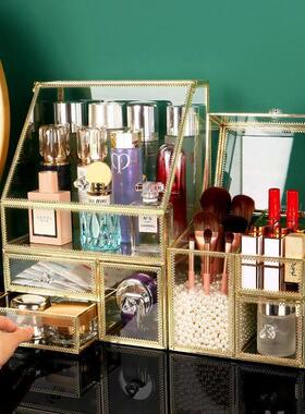 化妆品收纳盒铜玻璃家用桌面轻奢防尘梳妆台网红盒子护肤刷置物架