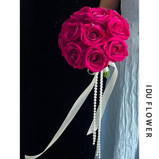 复古新娘手捧花弗洛伊德玫瑰花仿真花婚礼结婚花束拍照红色花球