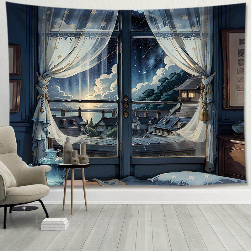 治愈窗户插画挂布背景布ins墙布床头沙发装饰布卧室墙壁遮丑挂画,居家布艺,挂毯/壁毯,淘宝优惠券,粉丝福利购,淘宝优惠卷