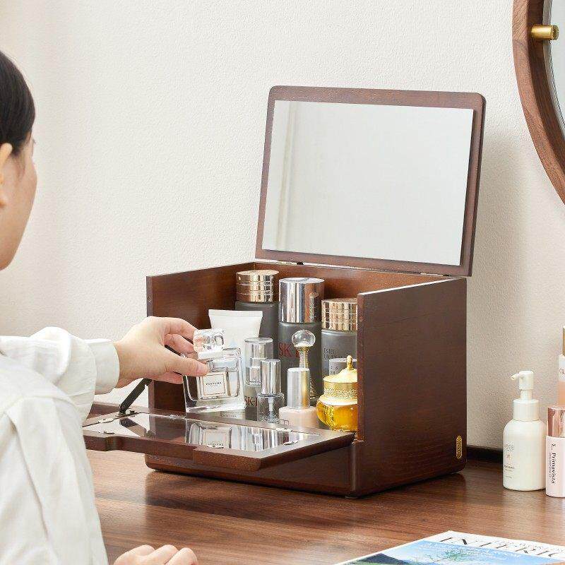 化妆品收纳盒木质头带镜子一体桌面梳妆台护肤品台面抽屉式收纳柜