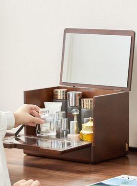 化妆品收纳盒木质头带镜子一体桌面梳妆台护肤品台面抽屉式收纳柜