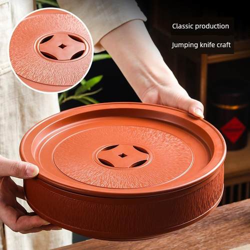 潮州准尼大红袍茶盘跳刀古钱圆紫泥功夫茶盘陶瓷茶桌贮水茶船