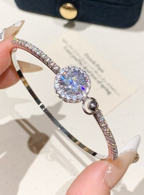 大爆闪大圆钻手镯女高级感素圈银手镯子手链轻奢小众满钻手环饰品