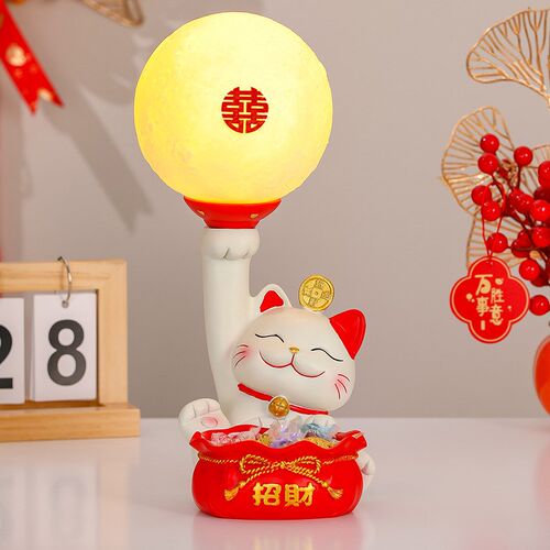 招财猫喜庆新婚结婚长明灯桌面摆件床头小夜灯婚礼装饰品客厅收纳