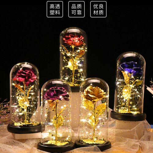 时尚简约金箔花塑料罩 创意桌面摆件手工礼物玫瑰花玻璃罩