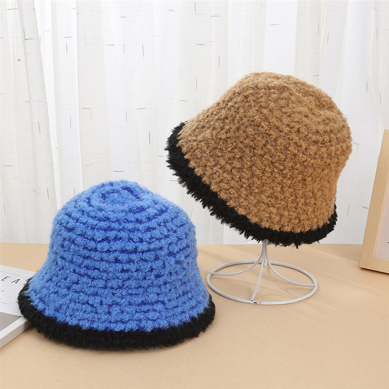秋冬新款保暖渔夫帽女时尚简约拼色针织水桶帽户外毛线盆帽搭配用