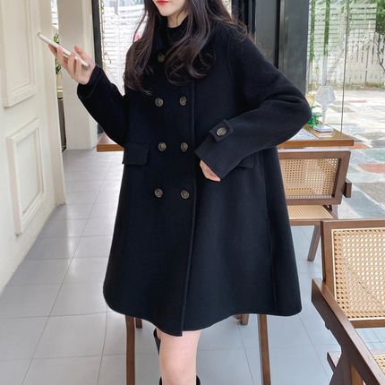 黑色双面羊绒大衣女2024秋冬新款中长款毛呢大衣外套女.秋冬高级