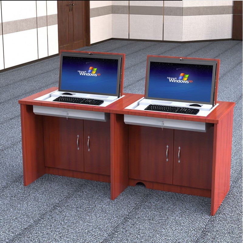 翻转电脑桌多媒体翻转桌木质会议桌电教室培训桌隐藏式机房电脑桌