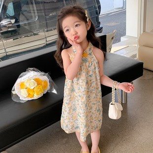 中国风黄色盘扣旗袍裙w2024新款 女童夏季 洋气小女孩甜美碎花连衣