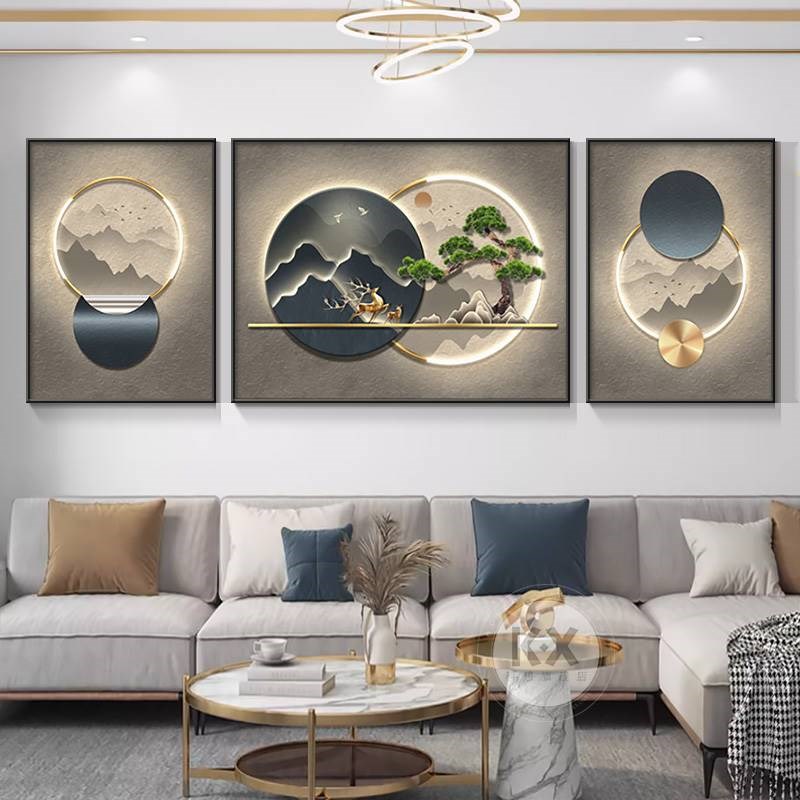 新中式客厅沙发背景墙装饰画办公室墙面I壁画三联画迎客松茶室挂图片