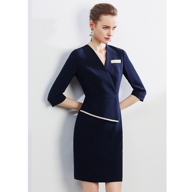 时尚修身V领褶肚子显瘦连衣裙美容院前台接待制服工作服正装女裙