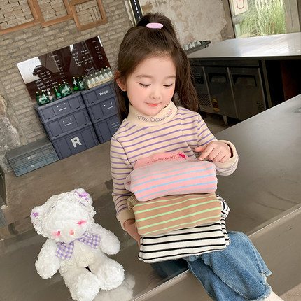 儿童条纹一体绒打底衫冬装宝宝内搭E加绒女童加厚保暖衣半高领卡