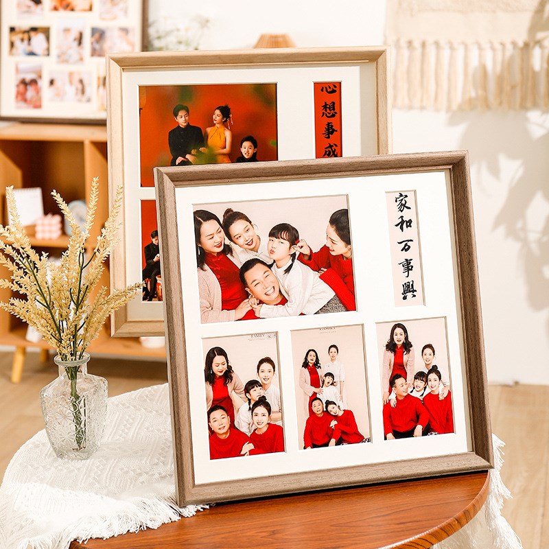 div实木相框多宫格相框支架摆台 亲子照纪念日写真照画框定制文字图片