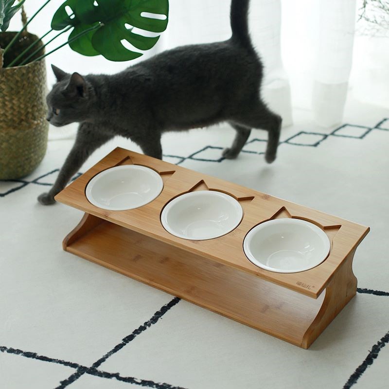 猫碗陶瓷双碗猫食盆斜面护颈不锈钢狗碗水碗实木碗架餐桌猫咪用品