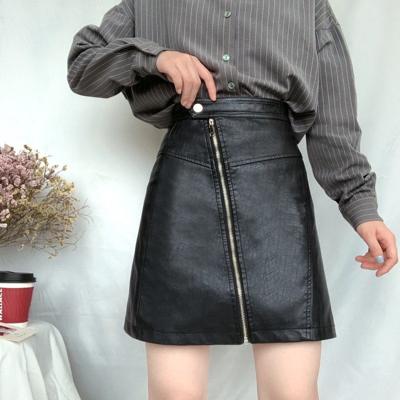 大码遮胯裙子显i瘦PU皮裙子半身裙秋冬黑色小皮裙胖mm高腰a字短裙