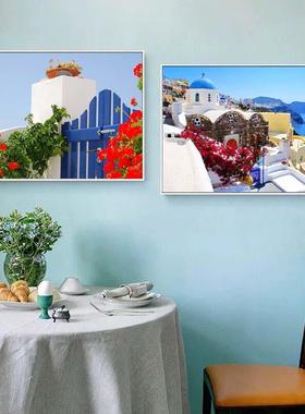 餐厅装饰画蓝色希腊风景地中海风格挂画简约饭厅卧室客厅背景壁画