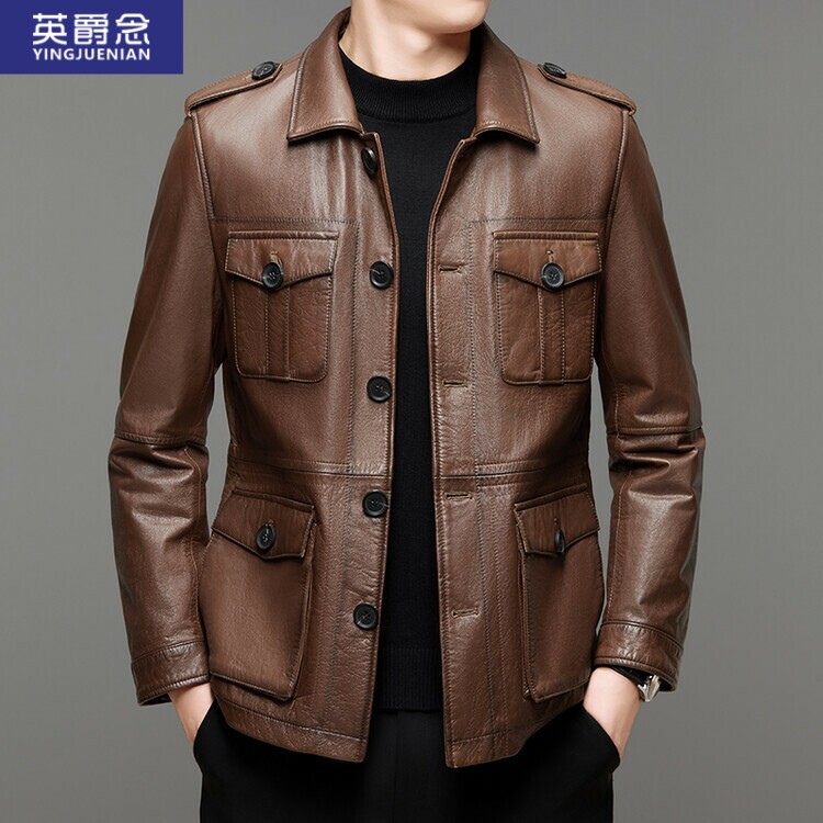 工装哈雷机车服翻领牛蜡皮外套男