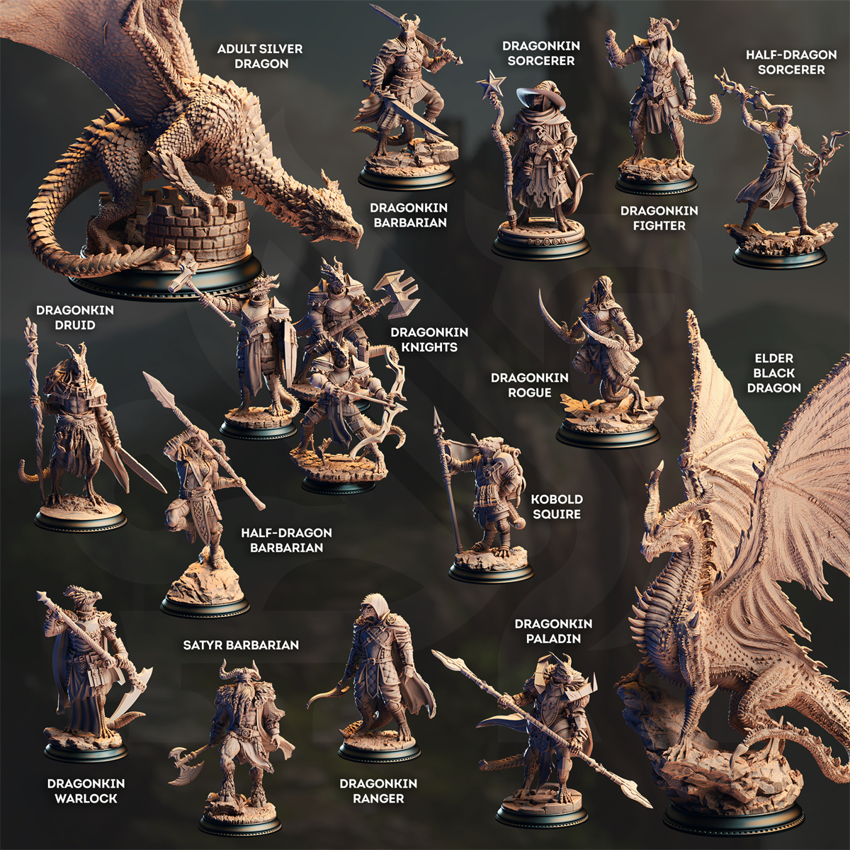 【龙族战争】圣武士 邪术野蛮人银黑裔龙与地下城DND跑团棋子模型