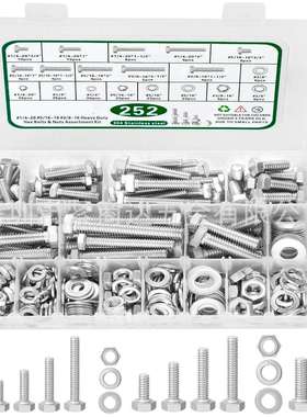 跨境电商252pcs美制304不锈钢外六角螺栓螺母平弹垫圈套装亚马逊