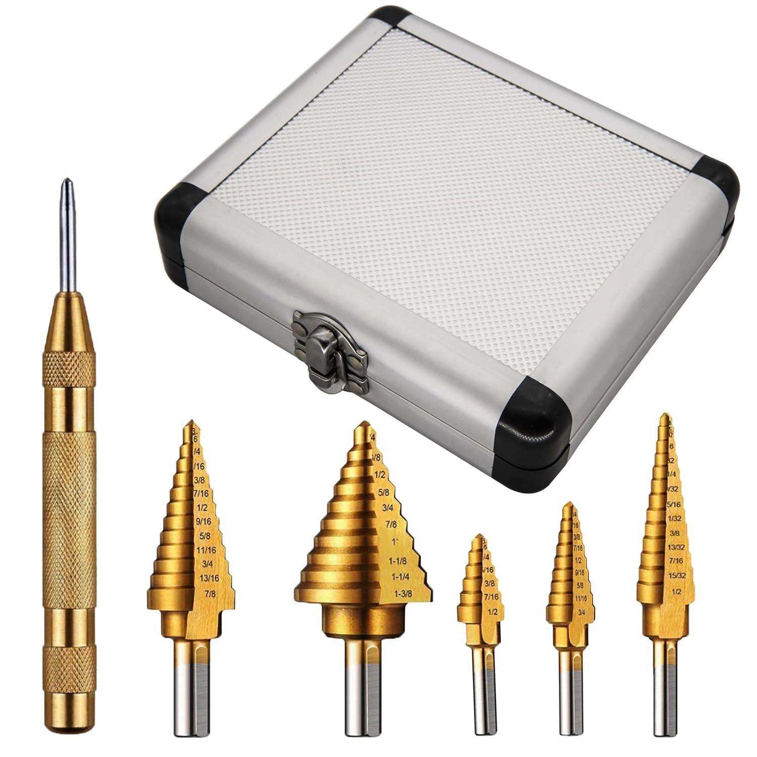 跨境6PC硬质铝盒装宝塔钻多功能阶梯钻头