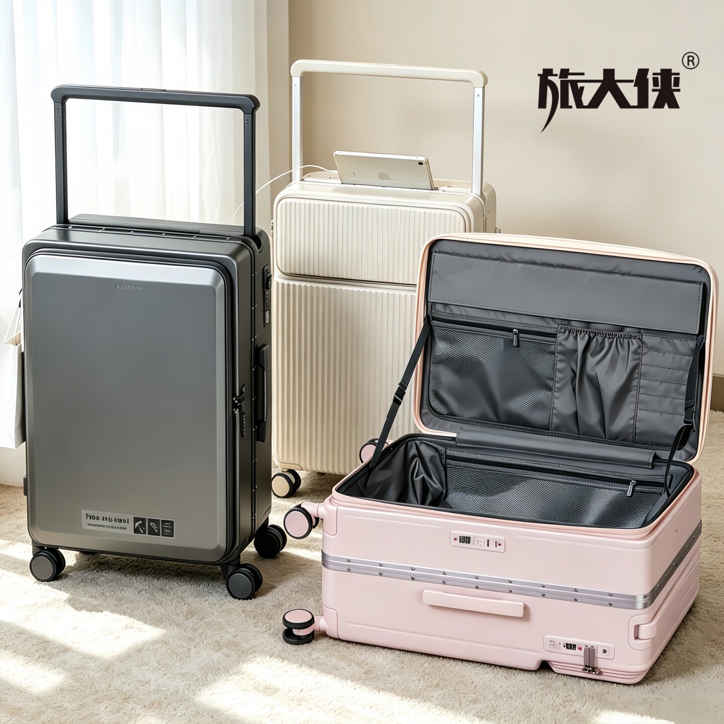 旅大侠双开盖多功能宽拉杆铝框箱图片